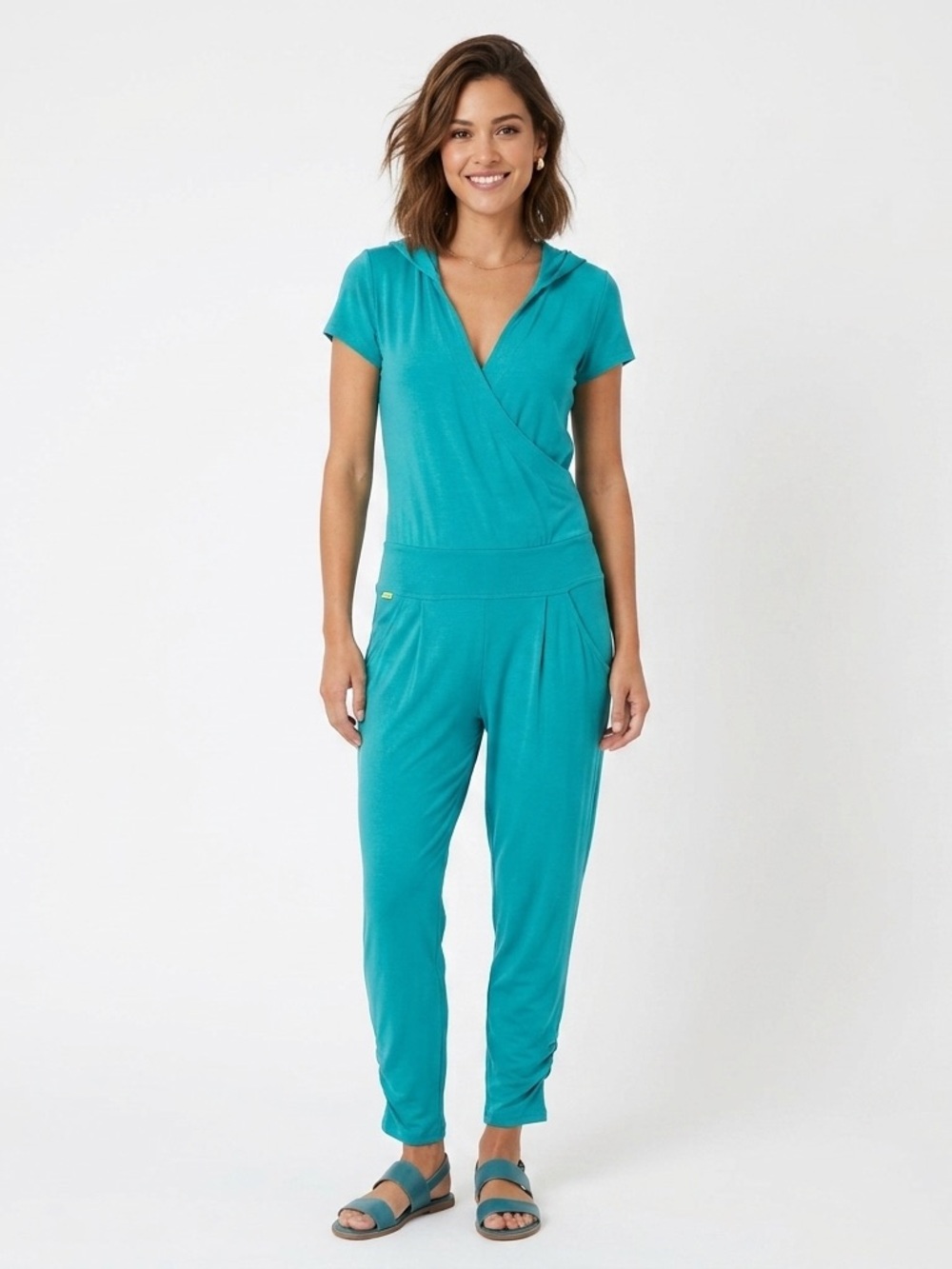 Lolë Teal Hooded Wrap Short-Sleeve Jumpsuit